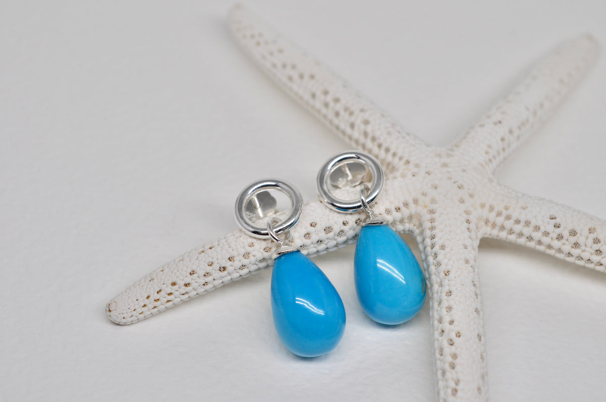 Silver Circle Stud Earrings with Turquoise Drops