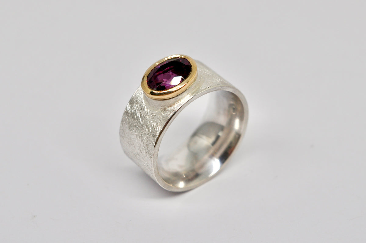 Rhodolite Garnet Statement Ring – Sterling Silver & 18k Yellow Gold