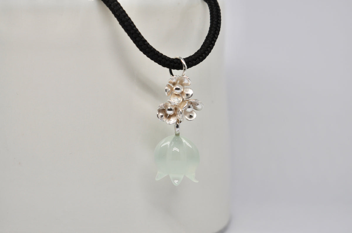 Green Agate Bellflower & Silver Flower Pendant
