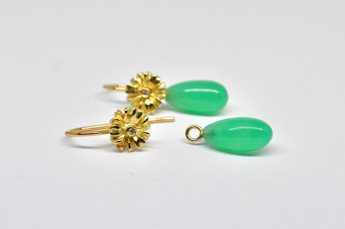 18K Gold Daisy Drop Earrings with Interchangeable Chrysoprase