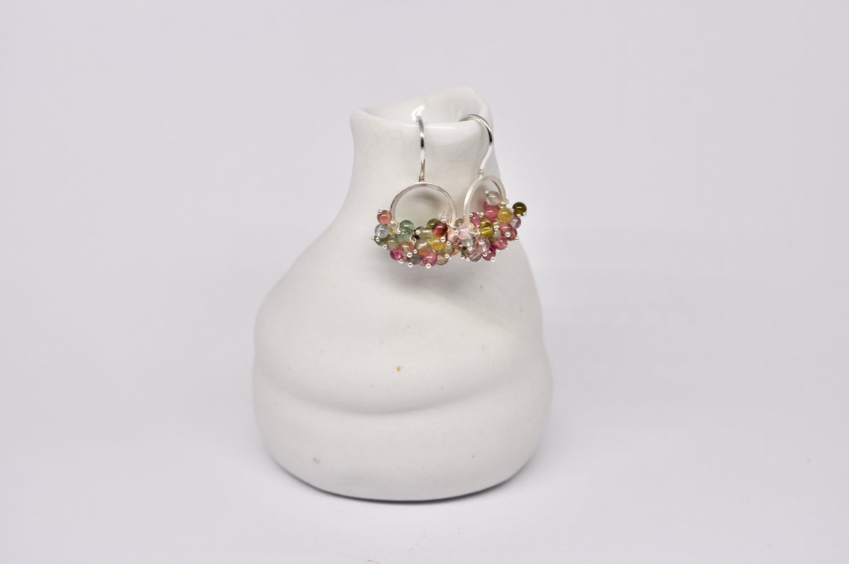 Silver Circle Earrings with Multicolored Tourmaline Cluster