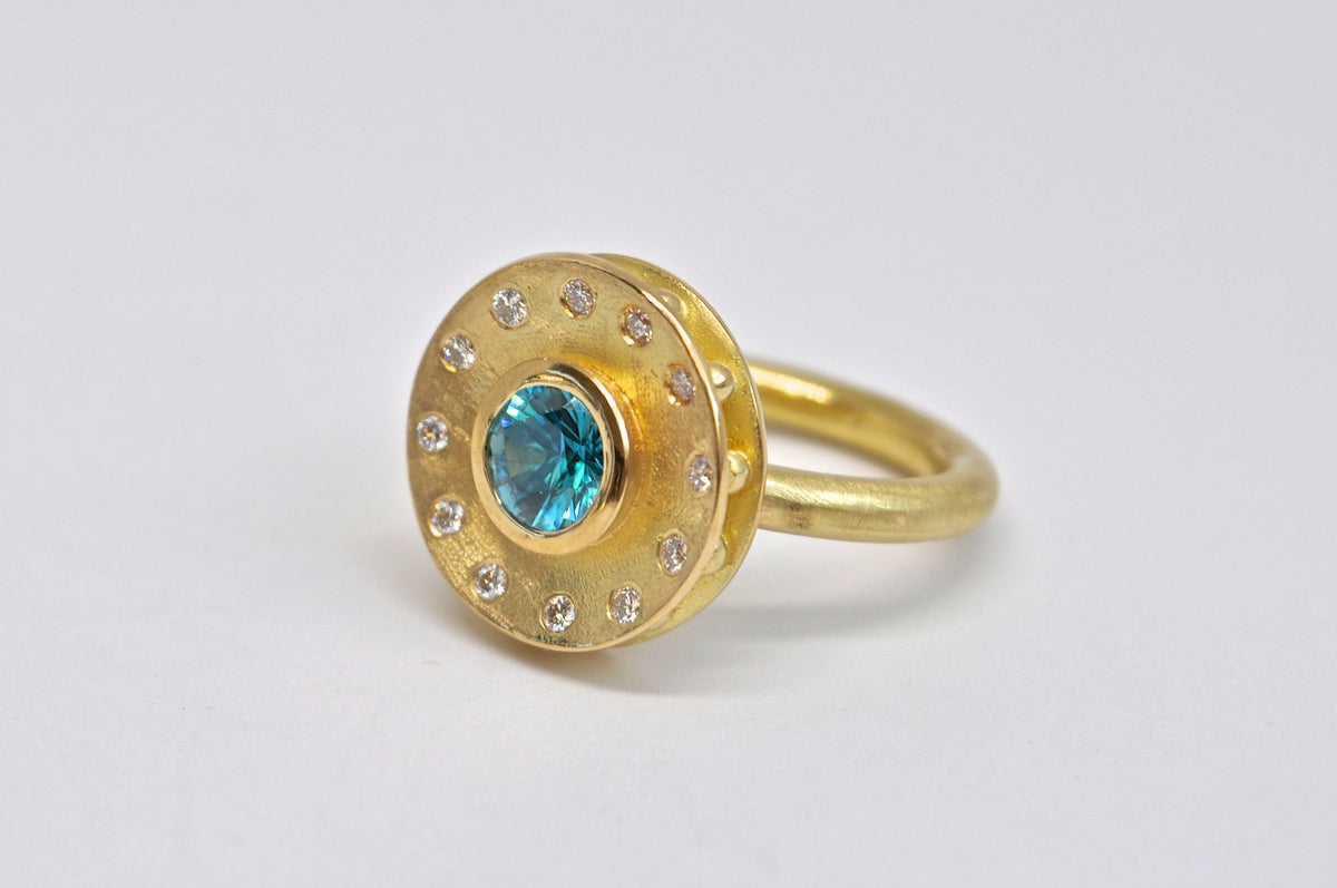 Blue Zircon & Diamond Shield Ring - 18K Yellow Gold