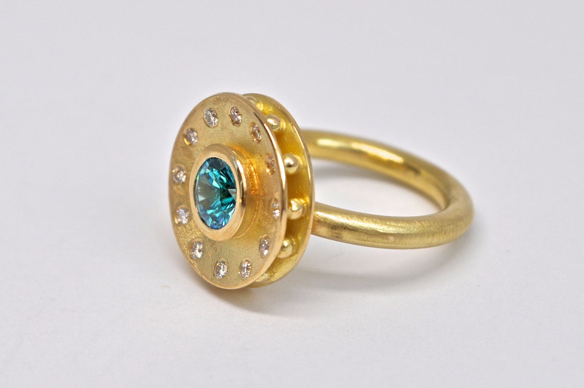 Blue Zircon & Diamond Shield Ring - 18K Yellow Gold