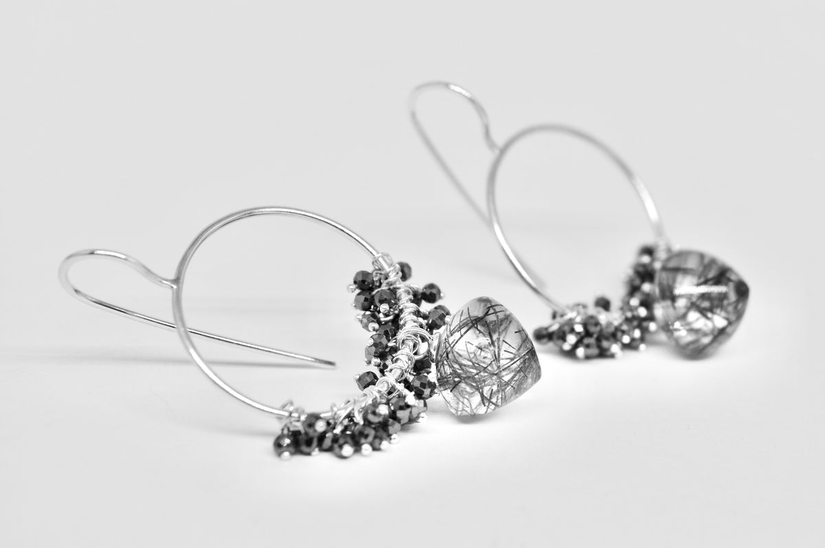 Tourmalinated Quartz & Hematite Sterling Silver Earrings