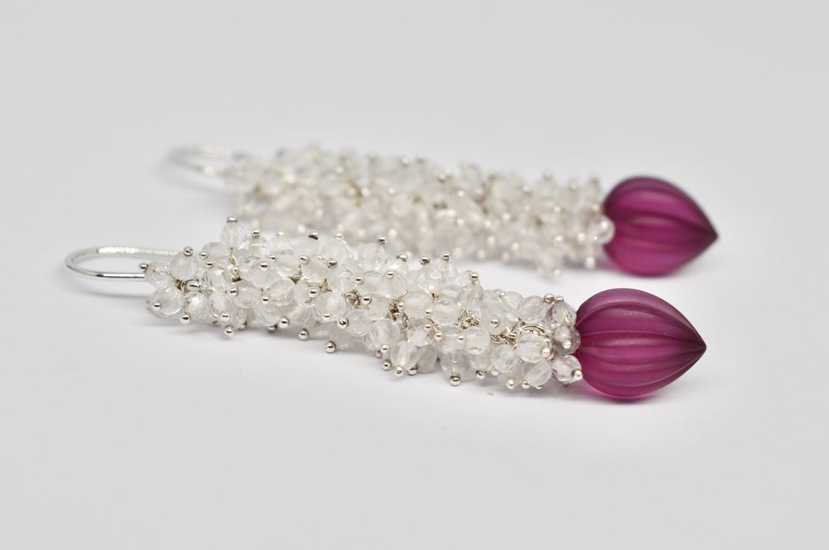 Rock Crystal & Fuchsia Glass Drop Earrings — Sterling Silver