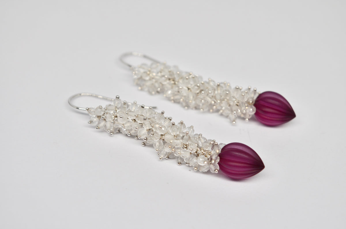 Rock Crystal & Fuchsia Glass Drop Earrings — Sterling Silver