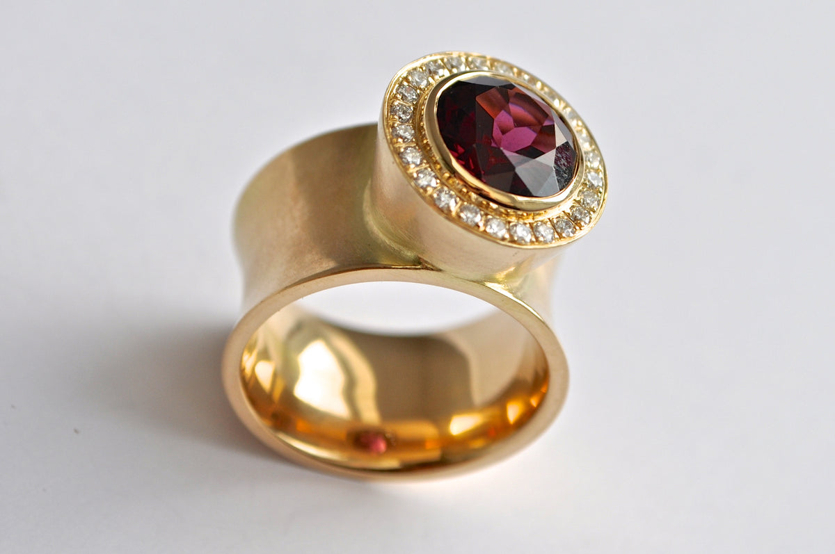 18K Yellow Gold Rhodolite Garnet Diamond Halo Wide Band Ring