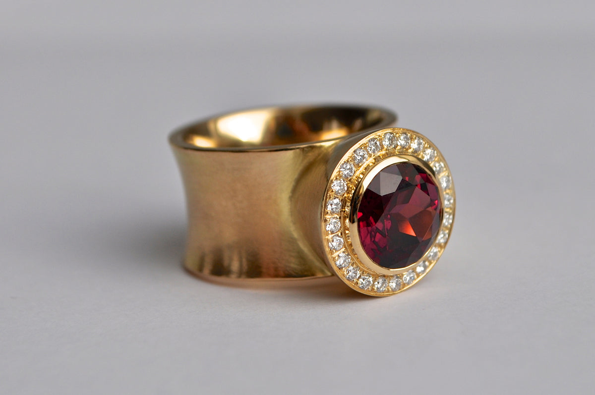 18K Yellow Gold Rhodolite Garnet Diamond Halo Wide Band Ring