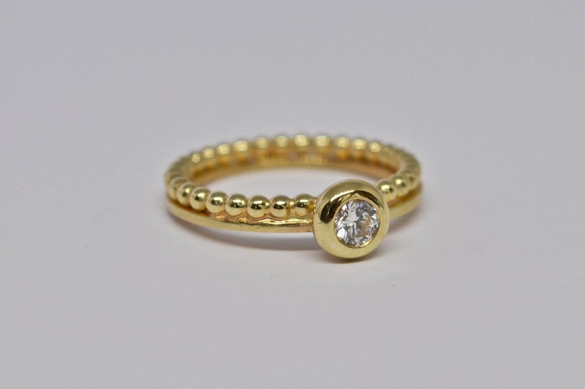 18K Yellow Gold Diamond Bezel Ring with Beaded Band
