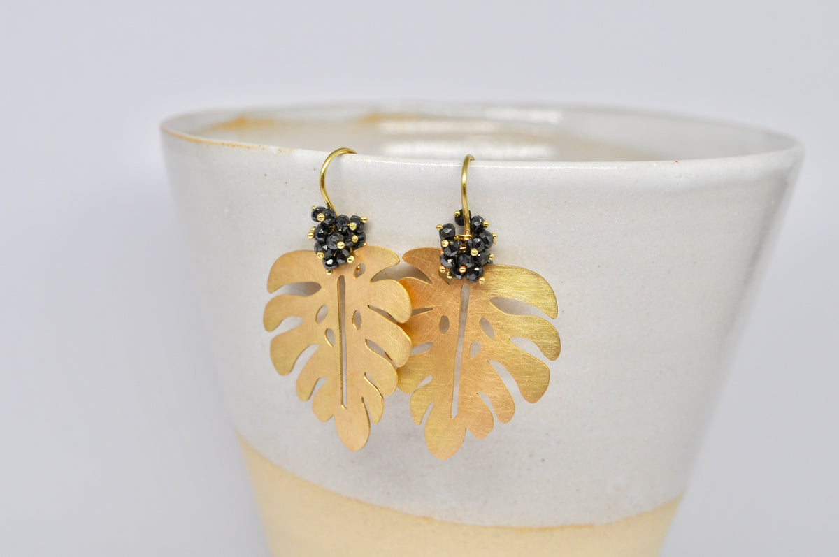 Dangling Palm Leaf Earrings, Black Diamond Beads