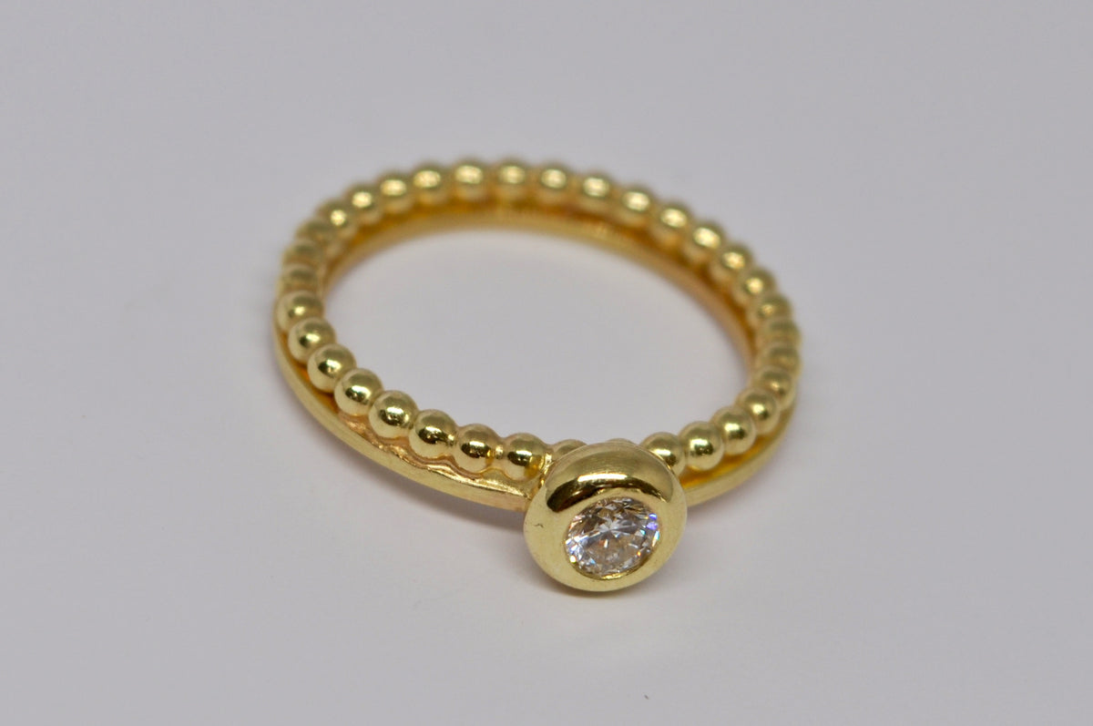 18K Yellow Gold Diamond Bezel Ring with Beaded Band