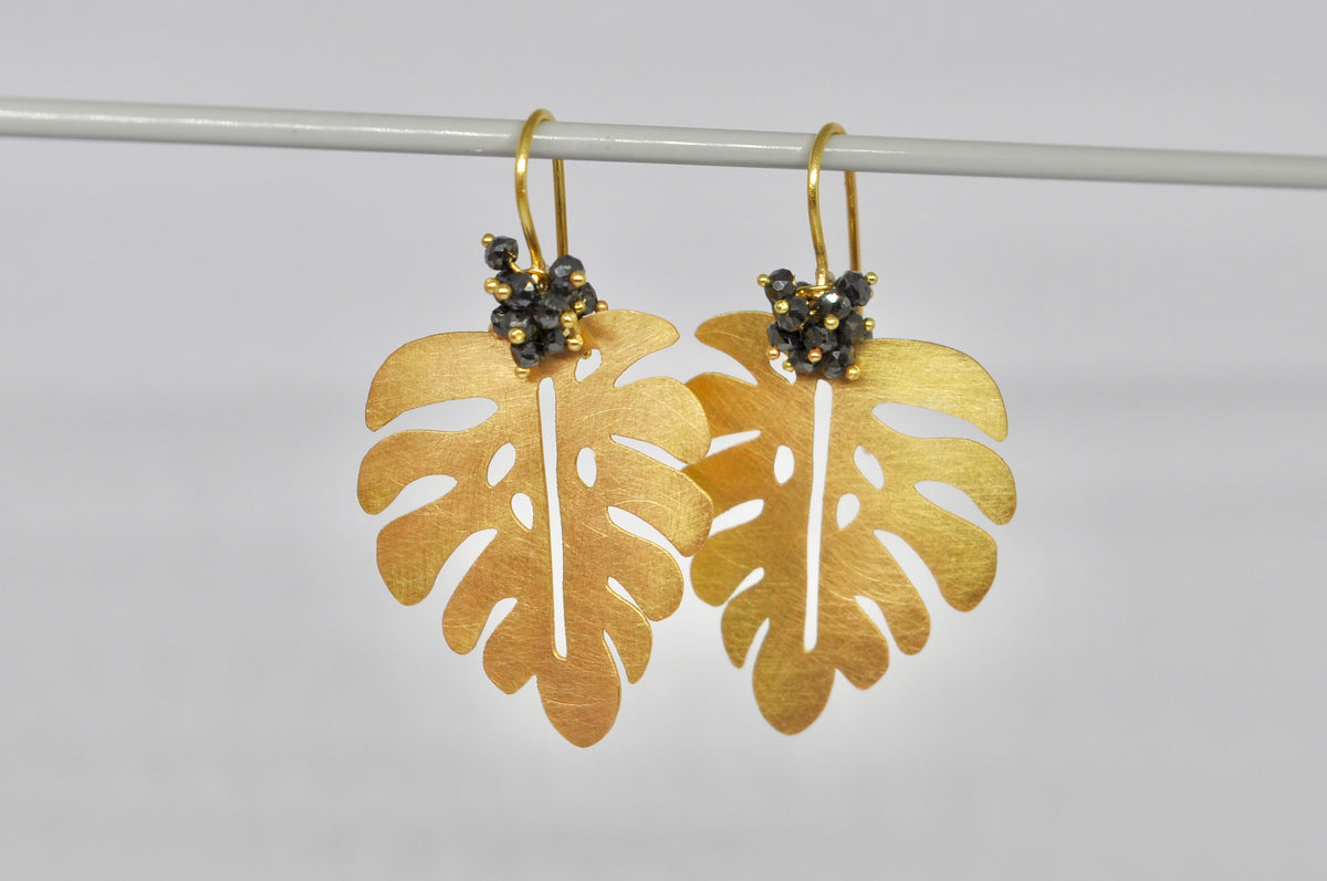 Dangling Palm Leaf Earrings, Black Diamond Beads