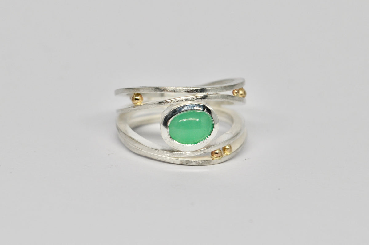 Sterling Silver & 18k Gold Ring with Chrysoprase Cabochon