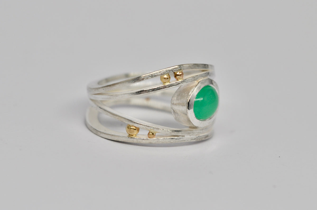 Sterling Silver & 18k Gold Ring with Chrysoprase Cabochon