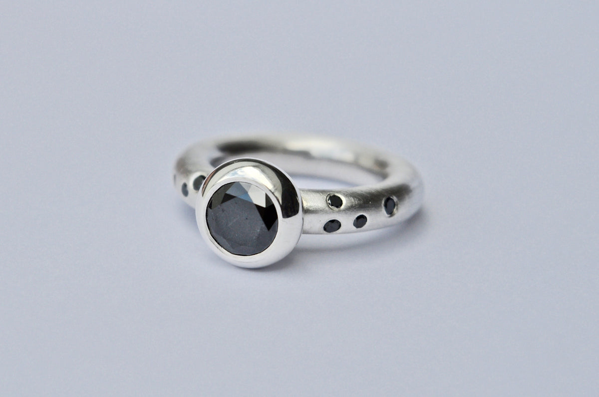 contemporary diamond ring, solid sterling silver, black diamonds