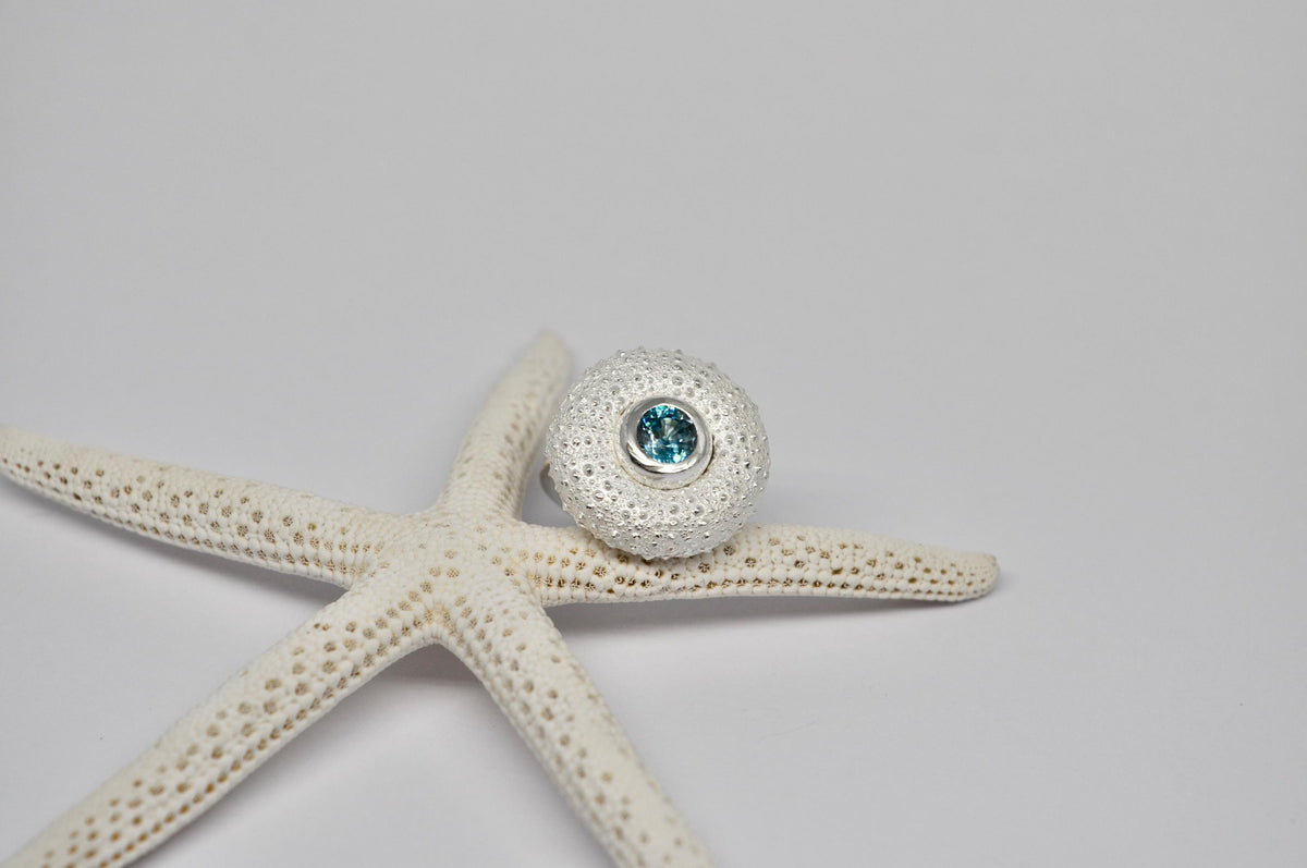 Sterling Silver Sea Urchin Ring With Blue Zircon : Handmade jewelry