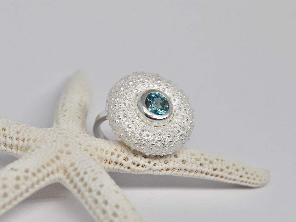 Sterling Silver Sea Urchin Ring With Blue Zircon : Handmade jewelry