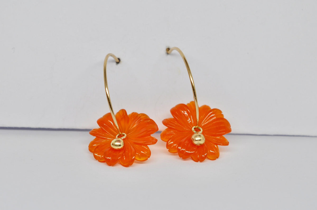 18k Yellow Gold Hoop Earrings with Orange Agate Flowers : Handmade Jewelry