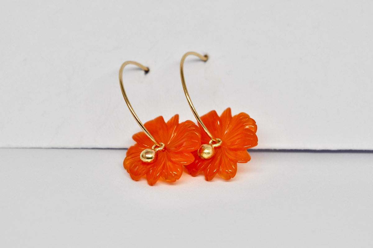 18k Yellow Gold Hoop Earrings with Orange Agate Flowers : Handmade Jewelry