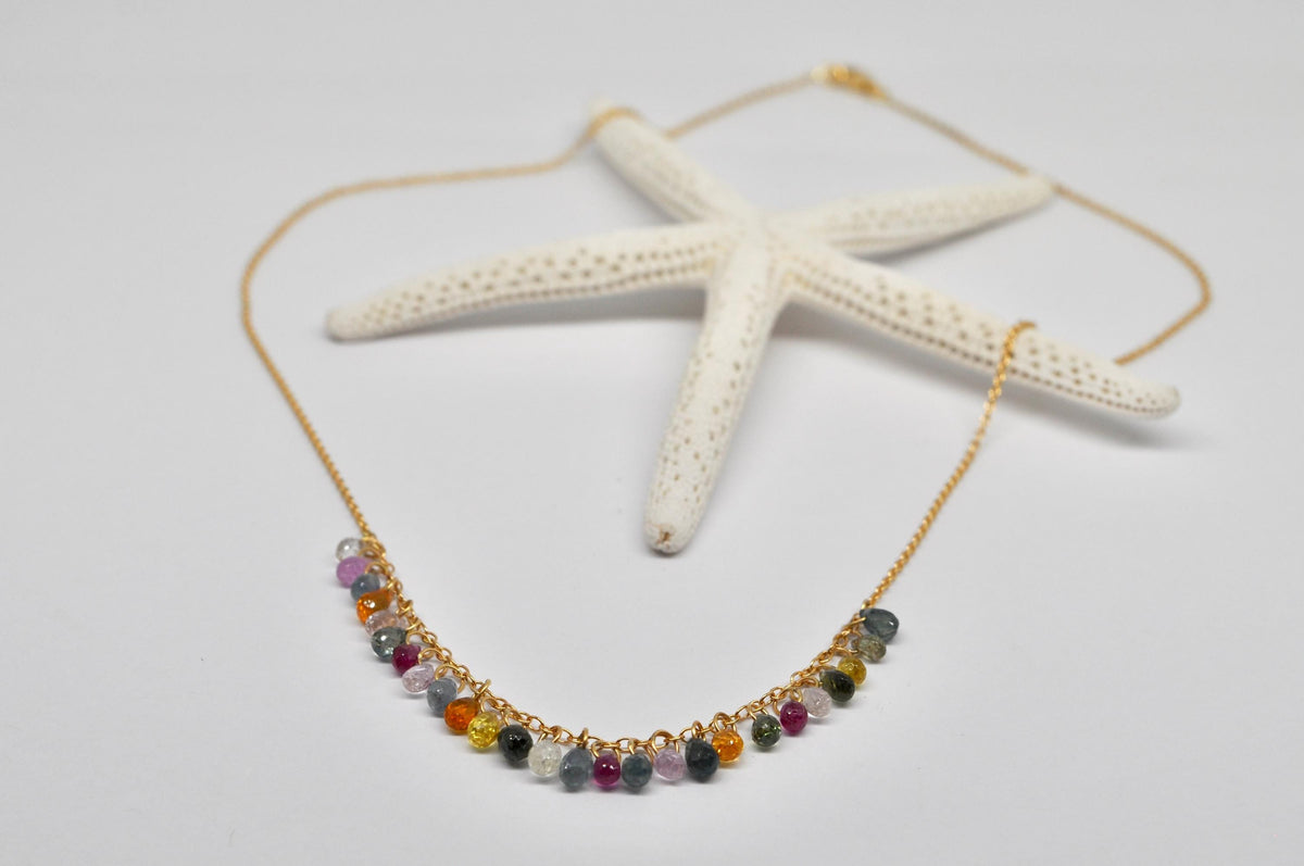 Delicate 18k Yellow Gold Necklace with Sapphire Drops in Various Colours : Artisan Jewelry