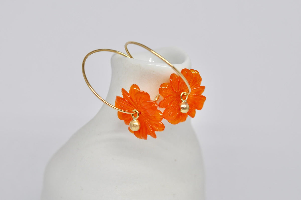 18k Yellow Gold Hoop Earrings with Orange Agate Flowers : Handmade Jewelry
