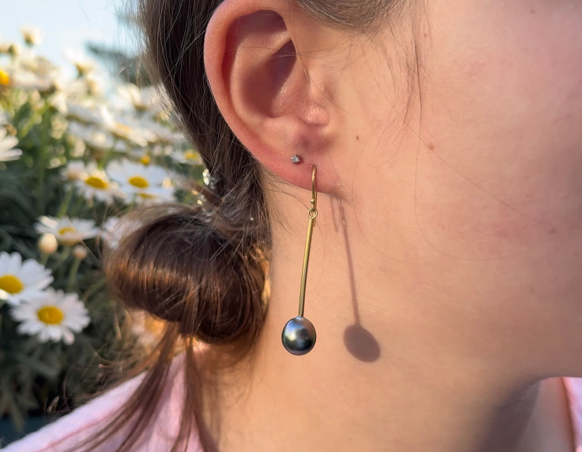 Tahitian Pearl Drop Earrings - 18K Yellow Gold Long Bar Design