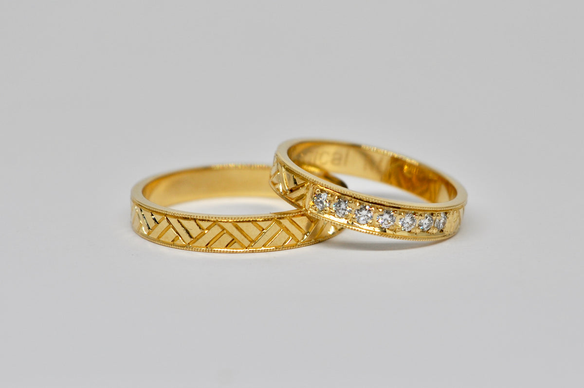 Art Deco Yellow Gold Wedding Band Set with Geometric Engraving & Diamonds