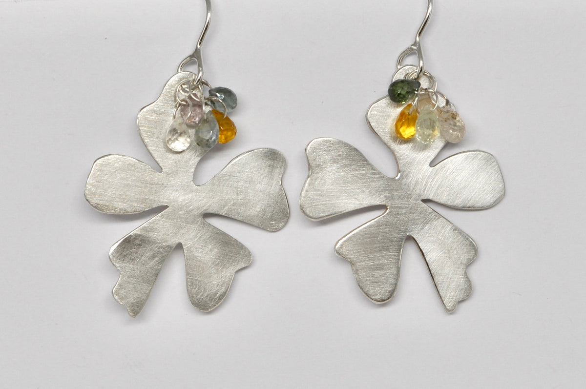 Brushed Silver Orchid Earrings with Sapphire Clusters