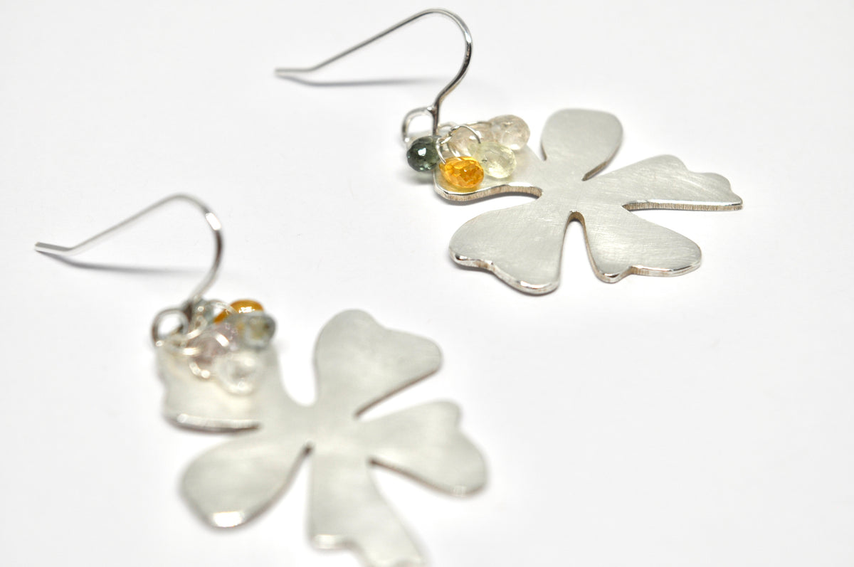 Brushed Silver Orchid Earrings with Sapphire Clusters