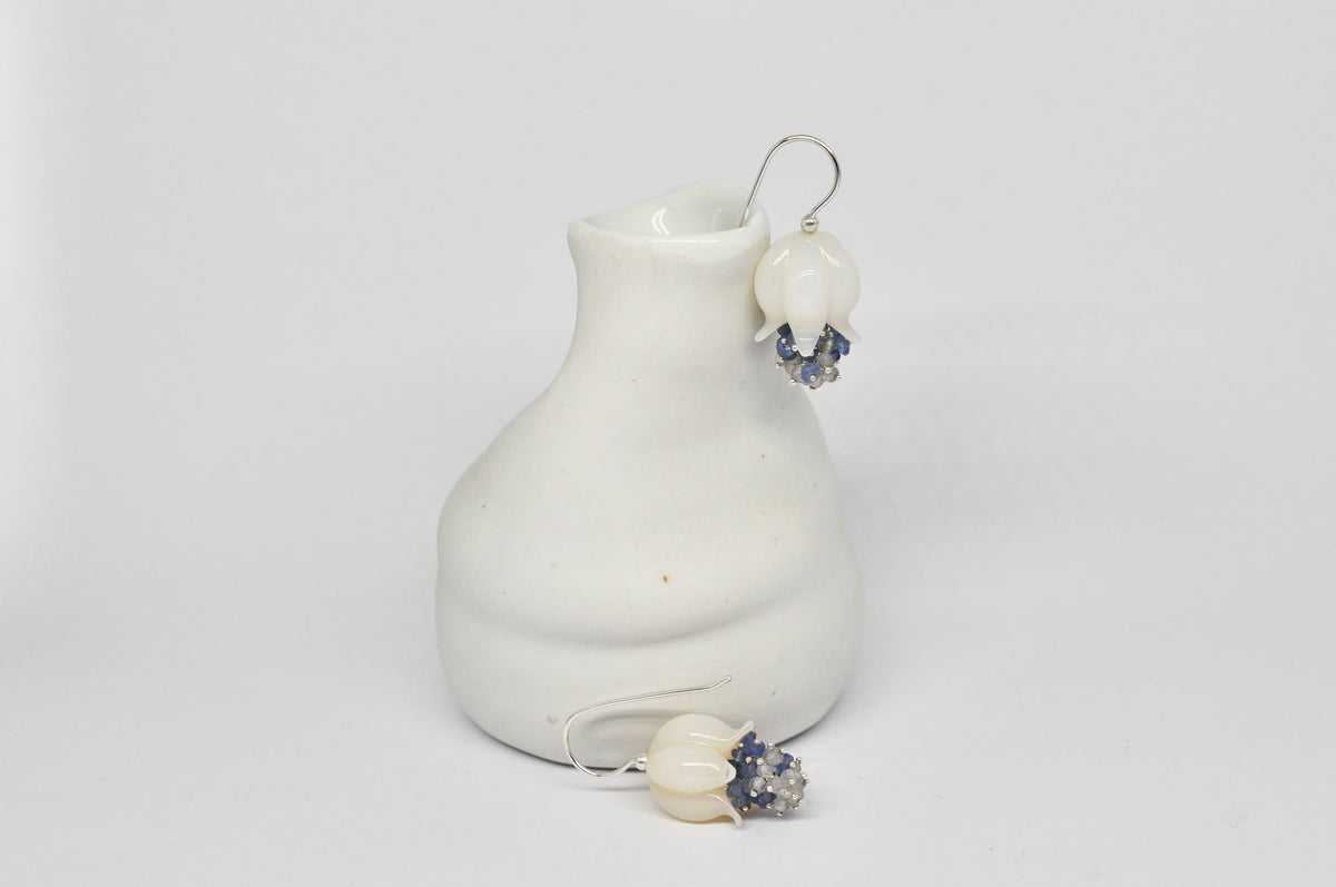 Blooming Bell Earrings — White Agate, Blue Sapphire & Labradorite