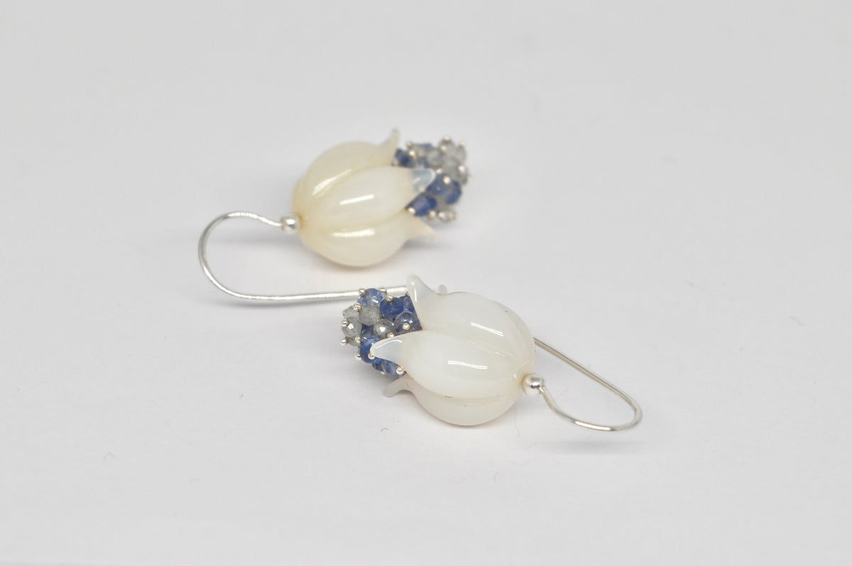 Blooming Bell Earrings — White Agate, Blue Sapphire & Labradorite