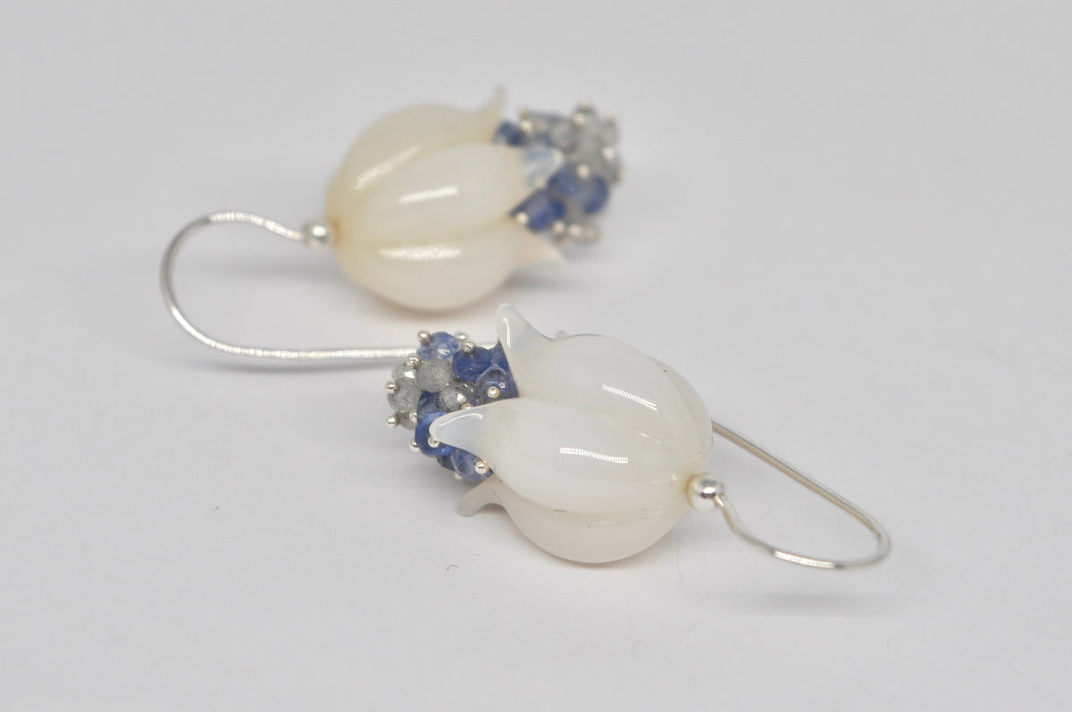 Blooming Bell Earrings — White Agate, Blue Sapphire & Labradorite