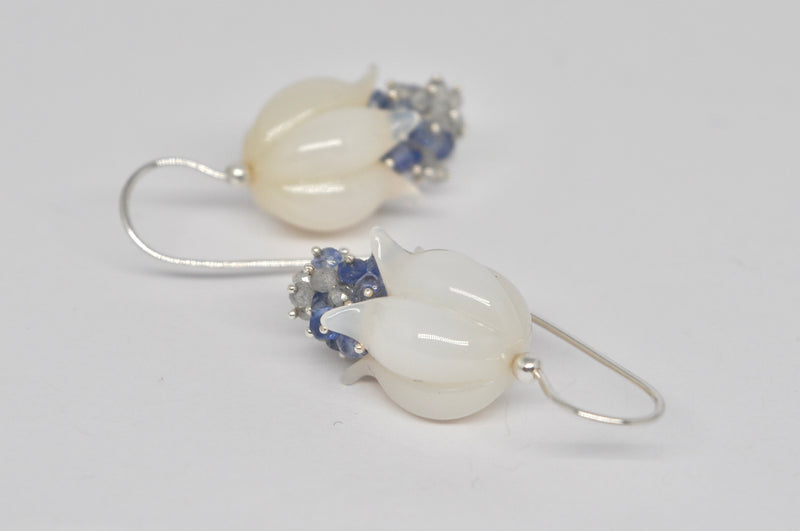 Blooming Bell Earrings — White Agate, Blue Sapphire & Labradorite