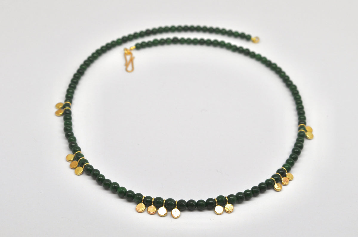 Green Jade Bead Necklace with 18K Yellow Gold Disc Accents