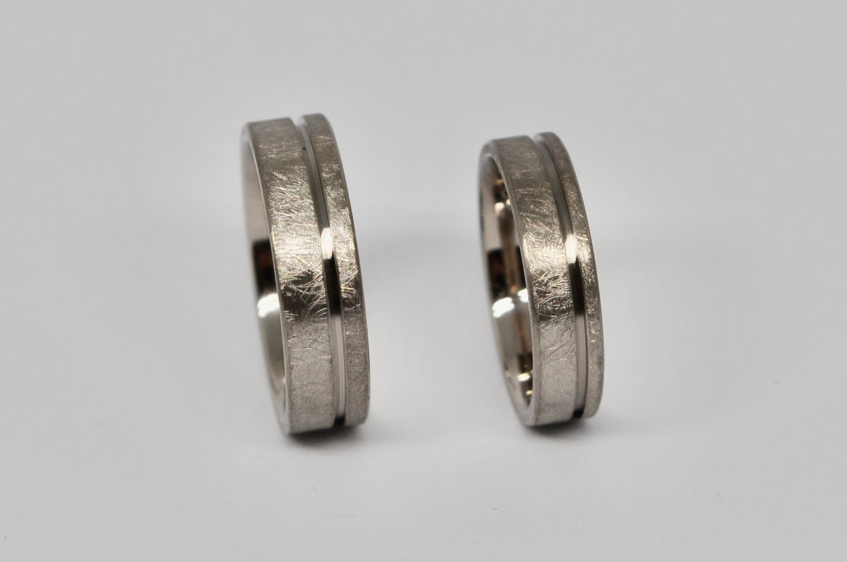 White Gold Wedding Band Set with Center Groove