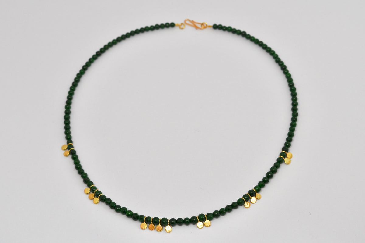 Green Jade Bead Necklace with 18K Yellow Gold Disc Accents