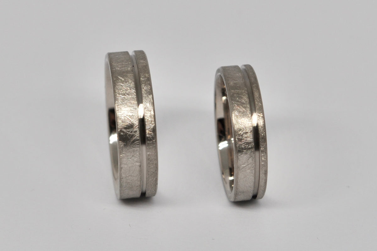 White Gold Wedding Band Set with Center Groove