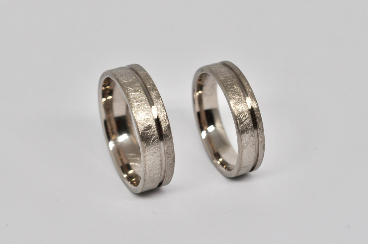 White Gold Wedding Band Set with Center Groove