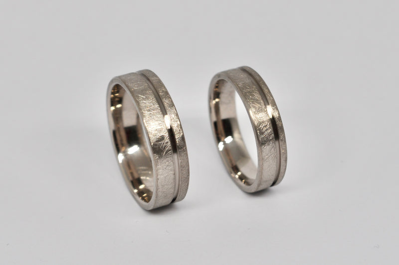 White Gold Wedding Band Set with Center Groove