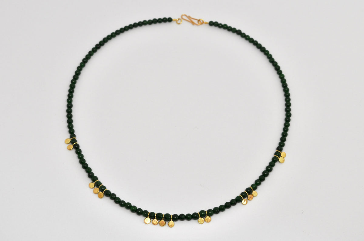 Green Jade Bead Necklace with 18K Yellow Gold Disc Accents