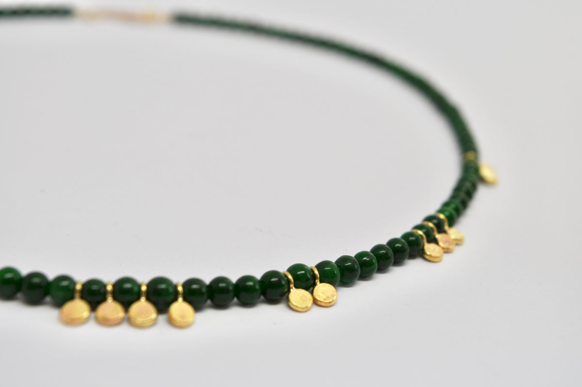 Green Jade Bead Necklace with 18K Yellow Gold Disc Accents