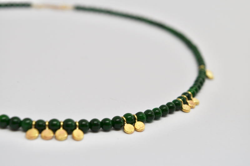 Green Jade Bead Necklace with 18K Yellow Gold Disc Accents