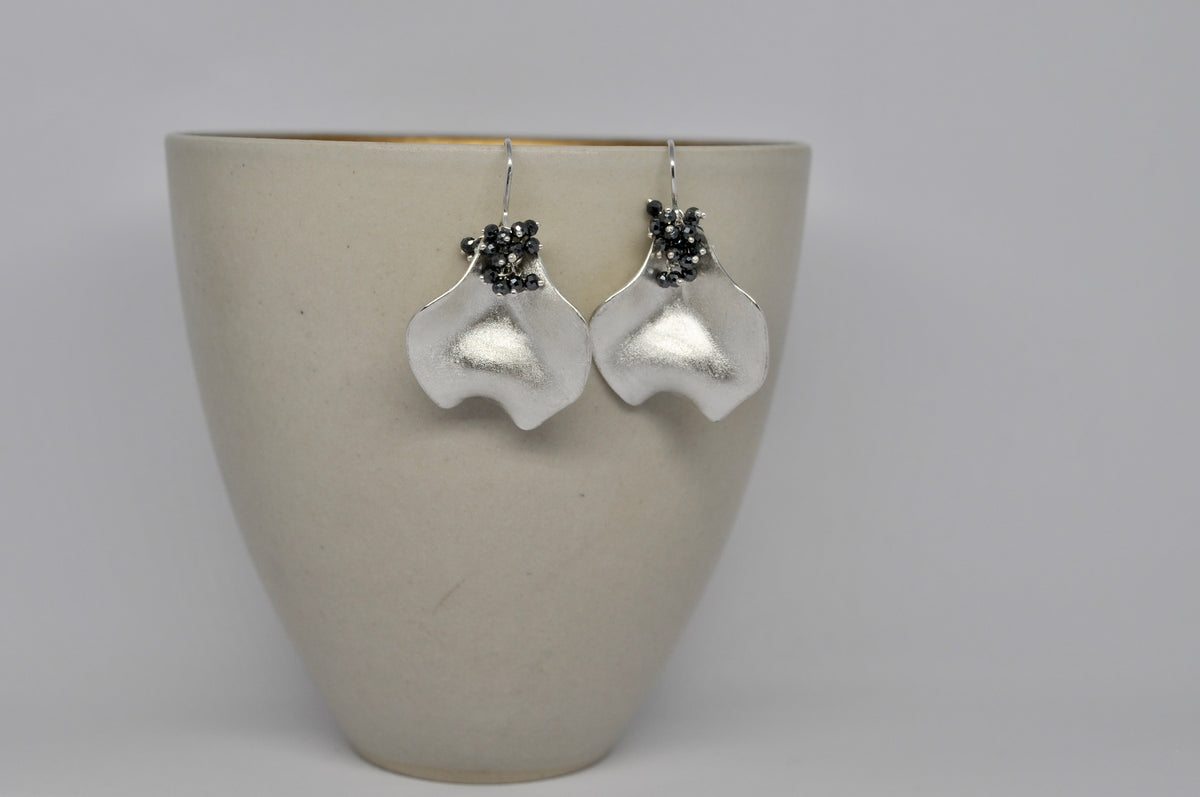 Silver Wave Earrings with Black Hematite Cluster