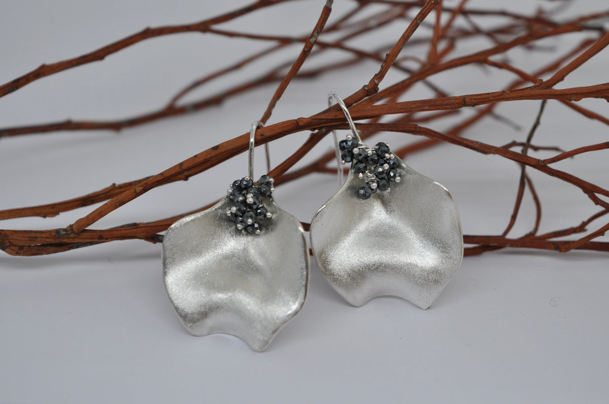 Silver Wave Earrings with Black Hematite Cluster