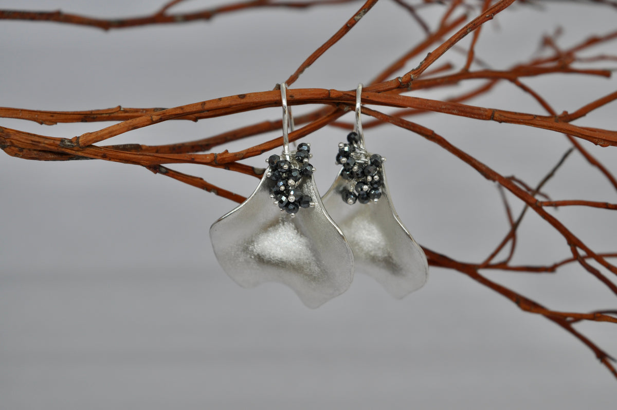 Silver Wave Earrings with Black Hematite Cluster