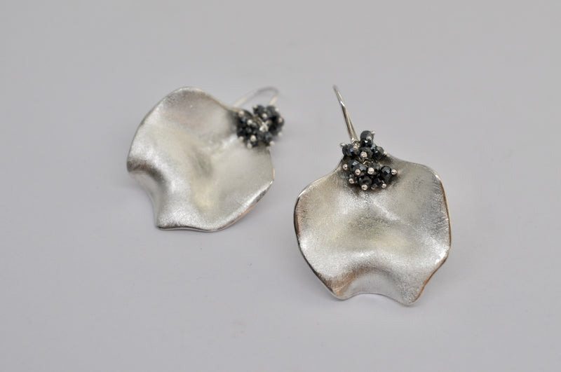 Silver Wave Earrings with Black Hematite Cluster