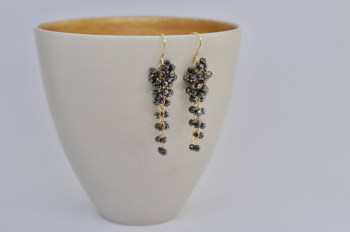 18k Gold Drop Earrings with Black Faceted Diamond Bead Clusters