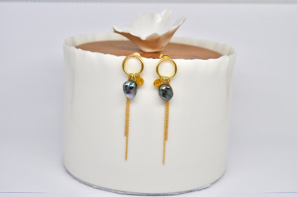 Tahitian Keshi Pearl & Yellow Diamond Drop Earrings in 18k Gold