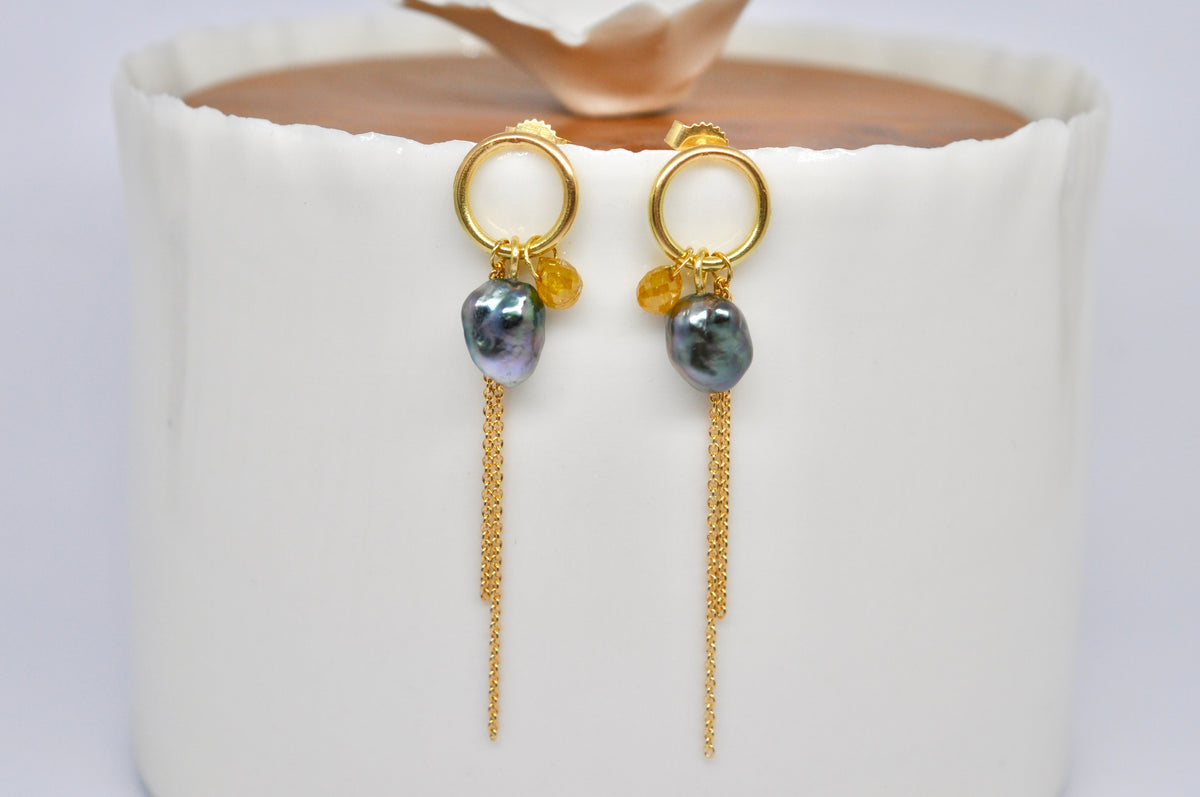 Tahitian Keshi Pearl & Yellow Diamond Drop Earrings in 18k Gold
