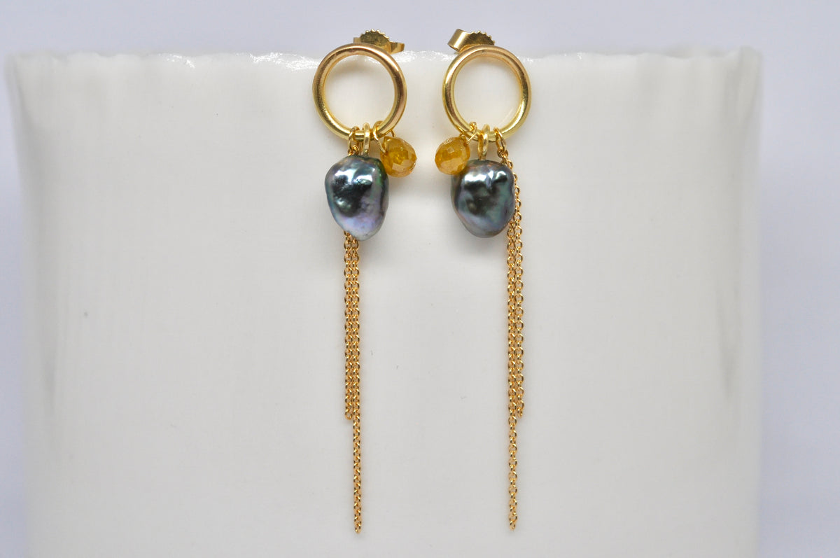 Tahitian Keshi Pearl & Yellow Diamond Drop Earrings in 18k Gold